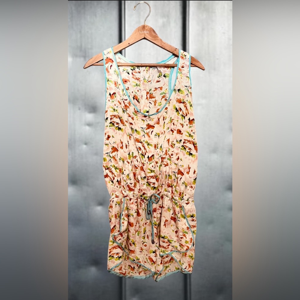 Cute Floral Sleeveless Romper with Blue Trim